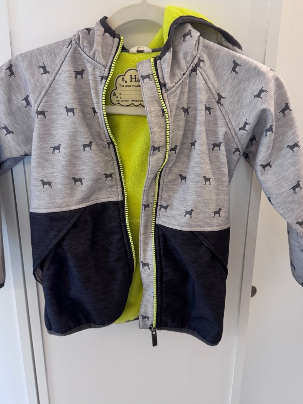 Hatley Light Gray & Navy Hooded Raincoat with Neon Yellow Lining